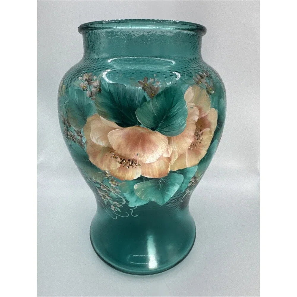 Vintage Hand Painted  Pink Floral On Teal Vase Signed Edwards 9x6.5” Cottagecore